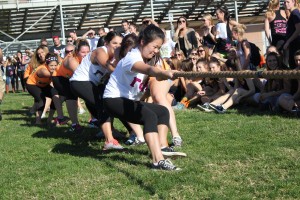 Photograph by Lindsay Pincus Members of Alpha Gamma Delta, Amanda Lincoln, Kaitlin Christ and Amber Speciale fight to win a game of tug of war as part of the Greek Games