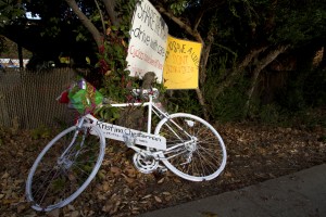 Photograph by Carter Caldwell A painted white bike is propped where Chesterman was struck on the 300 block of Nord Avenue.