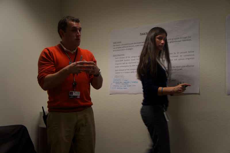 Michael Alonzo, the Facilities Management and Services supervisor of grounds and landscape services, explains water conservation plans as Marie Patterson, the departments assistant manager of utilities and sustainability, writes down students ideas. Photo credit: Yessenia Funes