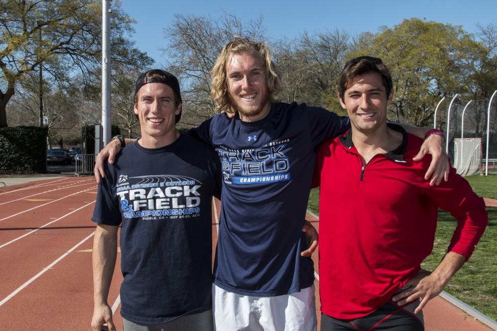 J. Patrick Smith, senior nutrition and food science major and senior kinesiology majors John Brunk and Theodore Elsenbaumer  are headed to the NCAA track and field championships. Photo credit: Grant Mahan