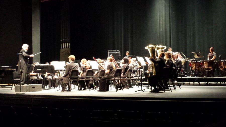 Symphonic Winds on stage for the “Band-ology” performance Saturday night in Harlen Adams Theatre. Photo credit: David Kahn