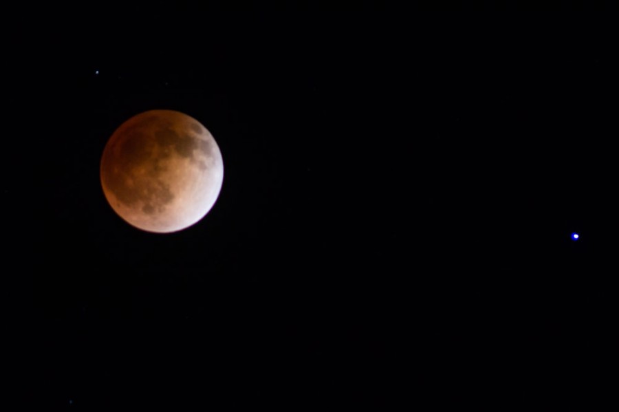 A total lunar eclipse turns the moon coppery red Tuesday, April 15 over Chico. It is commonly refereed to as a "blood moon." Photo taken by Ernesto Rivera, April 15, 2014.