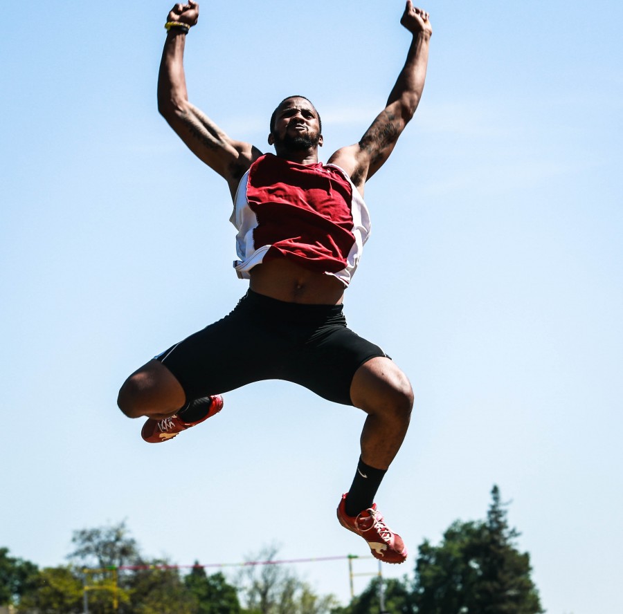 Chico State long jumper leaps through the air earlier this season Photo credit: Emily Teague