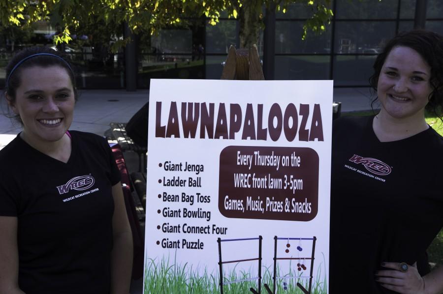 Diana Hass, left, and Athena Oreck, right, stand outside the WREC on Thursday for the first Lawnapalooza event. Photo credit: Brandon Foster