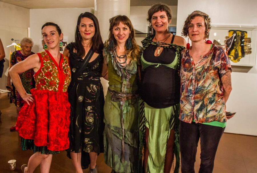 Chikoko designers at the Material Culture: Wearing the Art of Chikoko exhibit, pictured from left to right: Michalyn Renwick, Muir Hughes, Christy Seashore, Sara Rose Bonetti and Nel Adams. Photo credit: Chelsea Jeffers