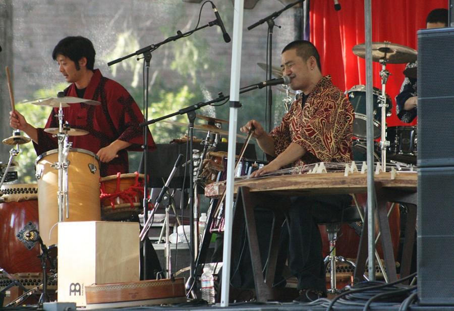 Shoji Kameda throat sings, Masato Baba hits the taiko and Eien Hunter with the drums from the On Ensemble entertain Chico residents. 