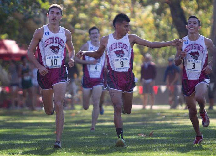 Chico State mens cross-country runners sprint to the finish in a race last season. Orion File photo.