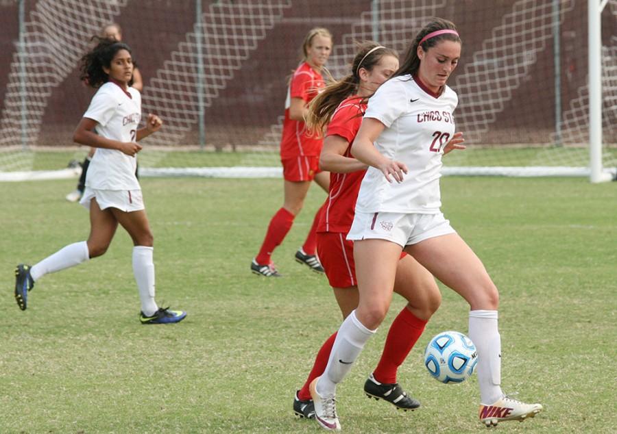 Forward Sarah Andersen with the ball at Wildcat Stadium earlier in the season. Chico State beat Dominguez Hills 2-0 on Friday. Photo credit: John Domogma