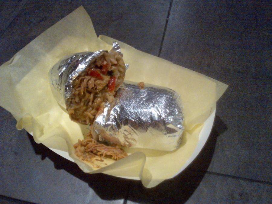 A regular burrito with chicken from Bulldog Taqueria on West 2nd Street. Photo credit: Christina Saschin