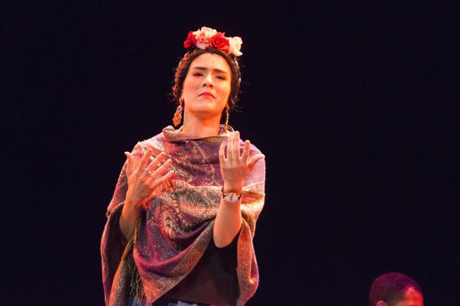 Actress and singer Cristina Isabel Lucas portrays painter Frida Kahlo in Tres Vidas Tuesday at the BMU Auditorium. Photo credit: Brandon Foster