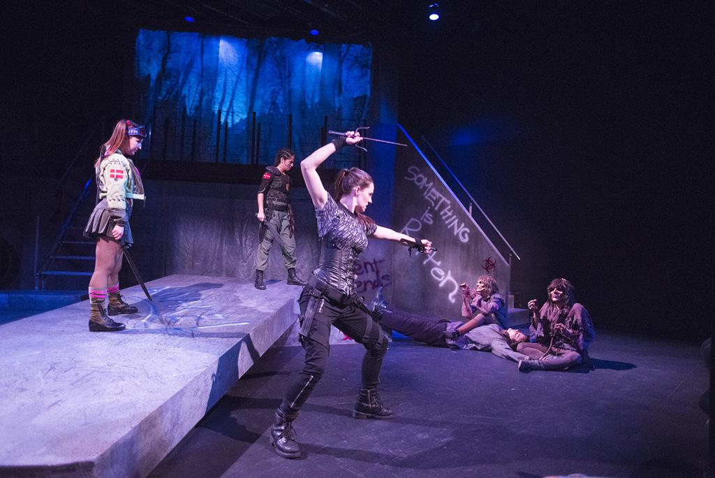 From left: Juliet (Katie Doll), Lady Macbeth (Kelly Kassir) and Ophelia (Erin Duffey) get ready to fight cracked-out zombies in "Living Dead in Denmark." Photo credit: Matthew Vacca