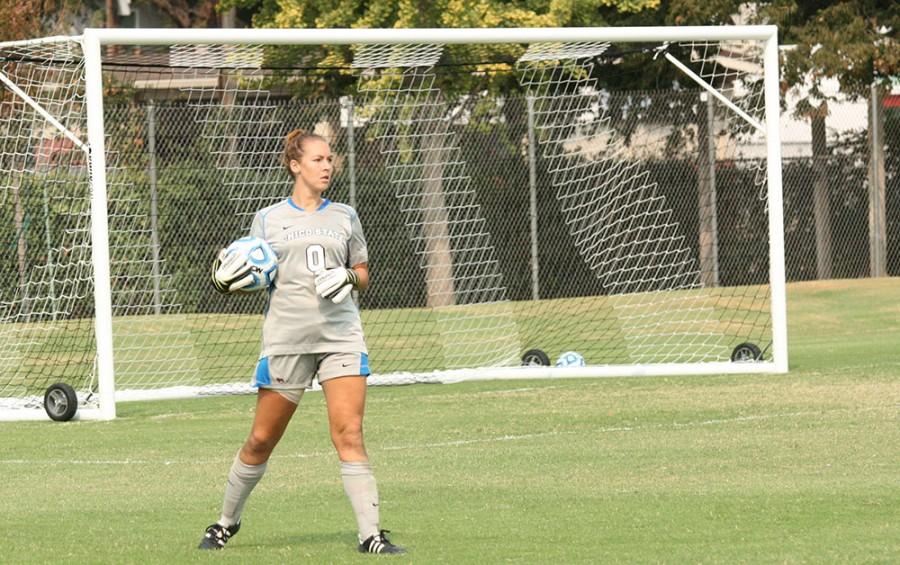 Chico State womens soccer goalie Brianna Furner during a game earlier this season. Photo credit: John Domogma