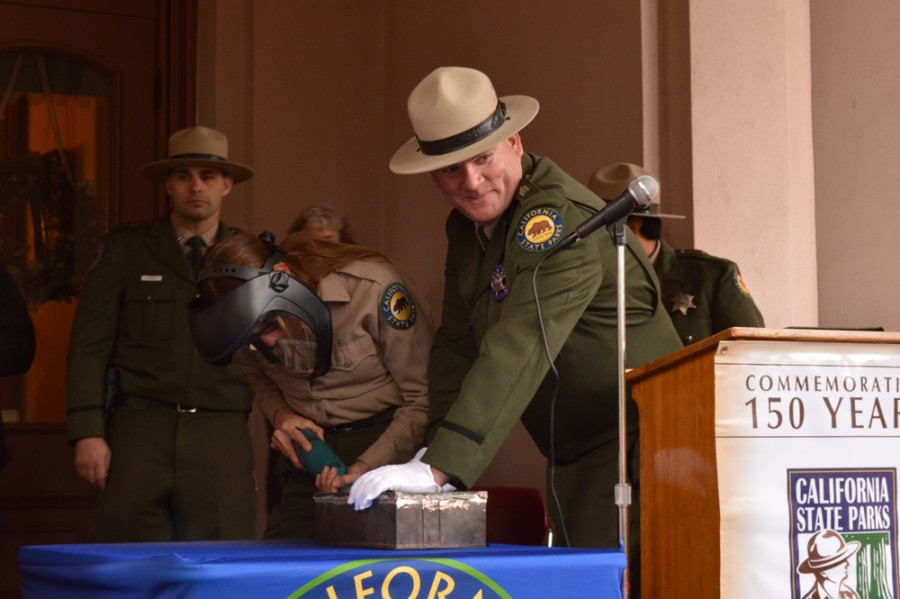 Kirk Coon, supervising ranger, smiles in anticipation before opening the long-lost time capsule left behind at the Bidwell Mansion. Photo credit: Veronica Hodur