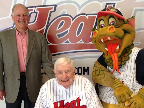 Chico Heat co-owners Pat Gillick, left, and Steve Nettleton, center, with Heat mascot Heater the Dragon. Photo courtesy of Chico Heat.