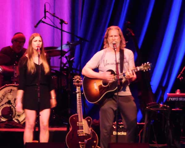 Jeff Bridges performs with his band the Abiders and his daughter Jessie Bridges during the encore on Saturday night at Laxson Auditorium. Bridges welcomes his cult following as The Dude from the movie The Big Lebowski and made references to it during the show. Photo credit: George Johnston