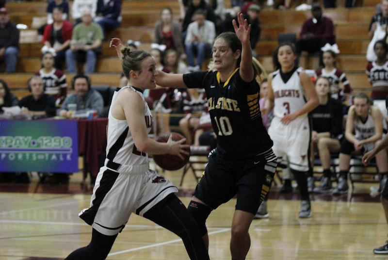 Chico States Annie Ward penetrates to the basket in the second half against a Cal State L.A. defender on Friday Jan. 30 in Acker gym. Photo credit: Malik Payton