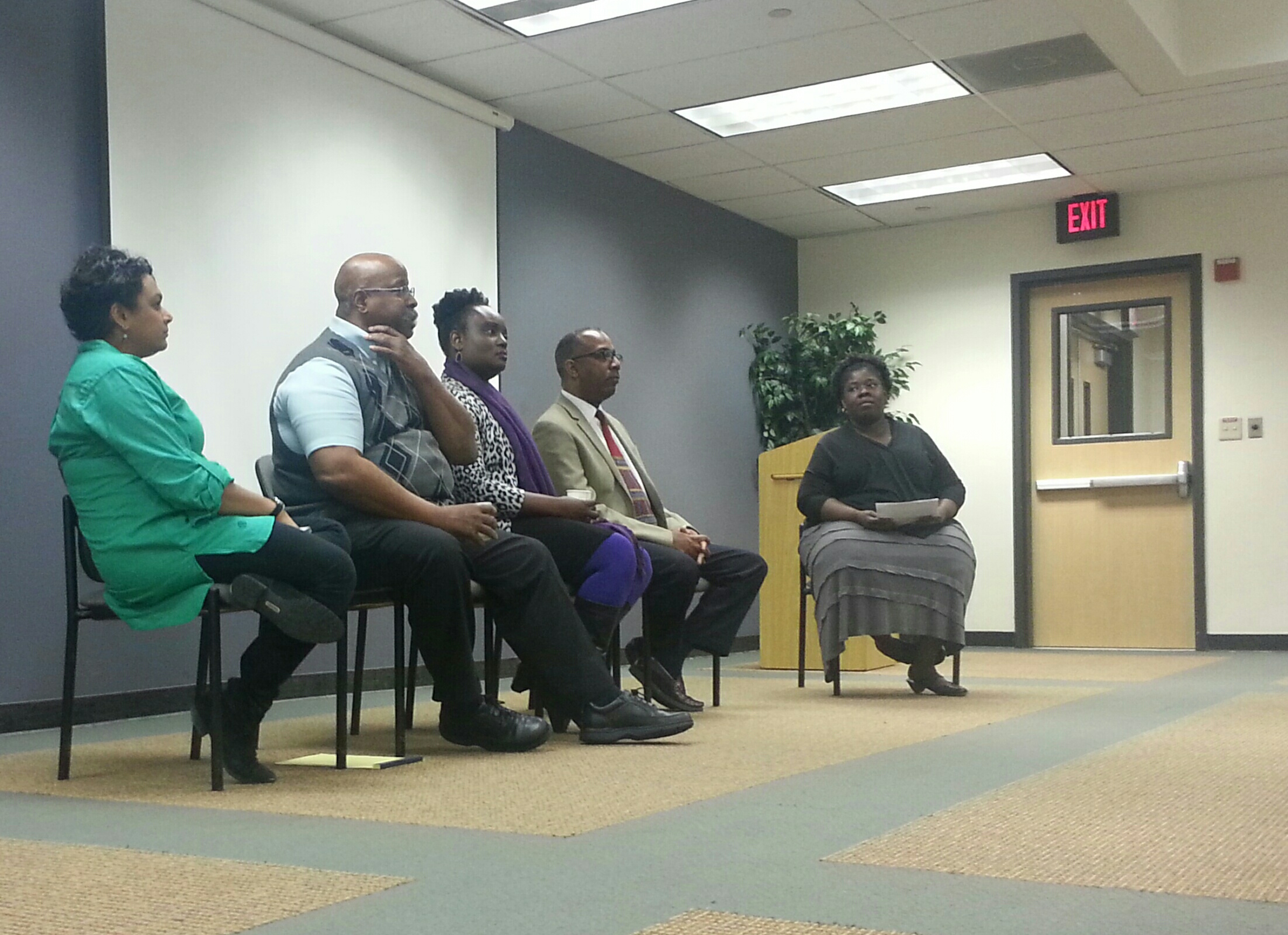 From the left, Devjani Banerjee-Stevens, Maurice Bryan, Prisca S. Ngondo, Pedro Douglas and Tracy Butts. members all with PhDs discuss challenges they face being a minority. Photo credit: Brittany Mcclintock
