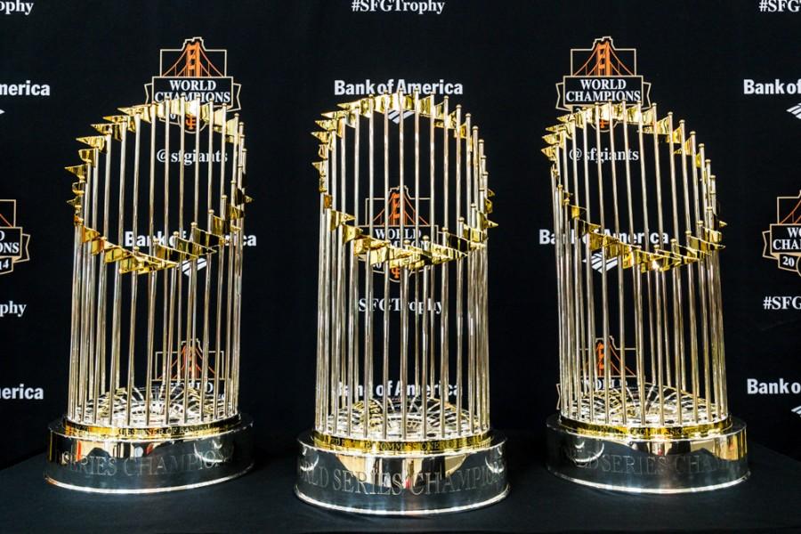 The San Francisco Giant's World Series Championship trophies on display at Arron Ray Clark Memorial Field House in Chico, Saturday, Jan. 31, 2015. Photo credit: Trevor Ryan