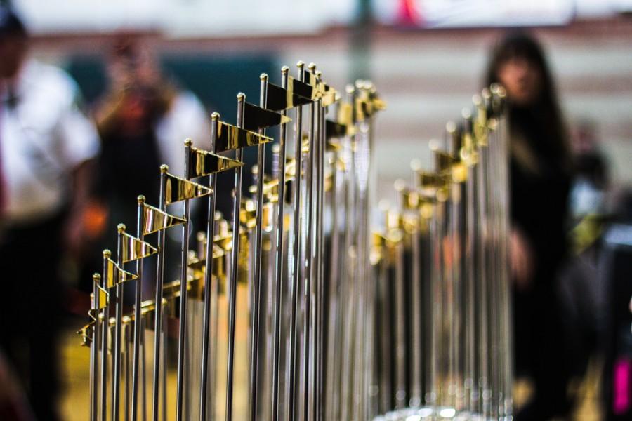 The San Francisco Giant's World Series Championship trophies on display at Arron Ray Clark Memorial Field House in Chico, Saturday, Jan. 31, 2015. Photo credit: Trevor Ryan