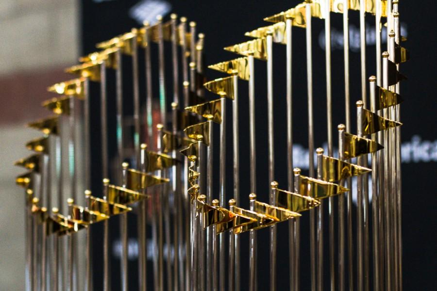 The San Francisco Giant's World Series Championship trophies on display at Arron Ray Clark Memorial Field House in Saturday, Jan. 31, 2015. Photo credit: Trevor Ryan