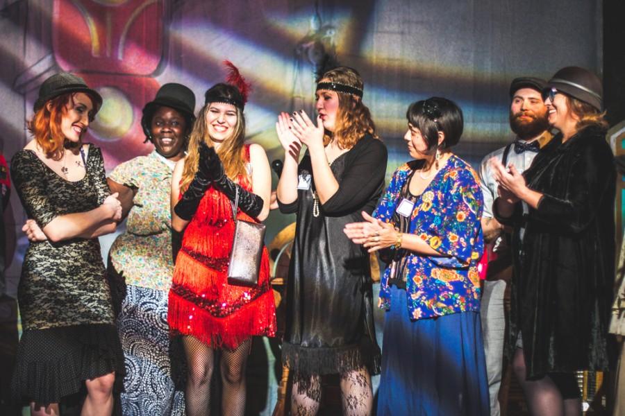 Chico State students and teachers support other competitors in the costume contest at the Rent Party. Photo credit Trevor Yale Ryan