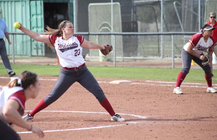 First-year pitcher Haley Gilham launches the ball on the Chico State softball field in a game against University of Hawaii on Feb. 12. Photo credit: John Domogma