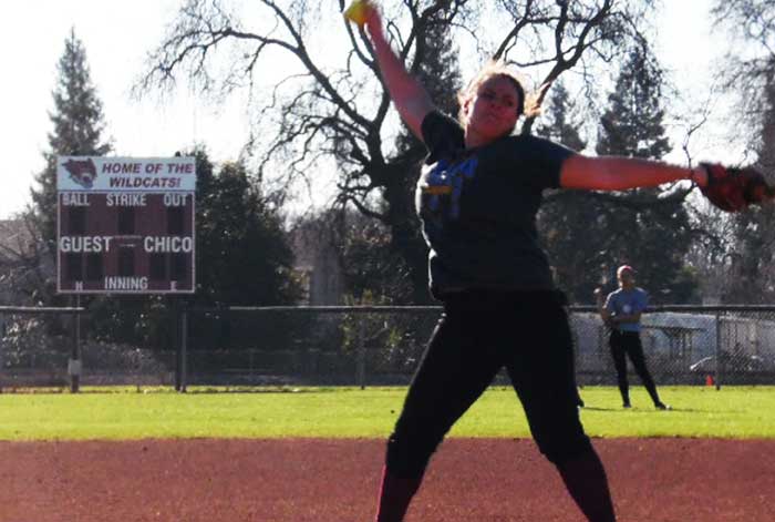 First year pitcher Haley Gilham winds up for a pitch during practice. Photo credit: George Johnston