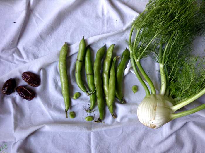 Dates, left, fava beans and fennel are all farmers market delicacies that are a perfect addition to any shopping bag. Photo credit: Grace Kerfoot