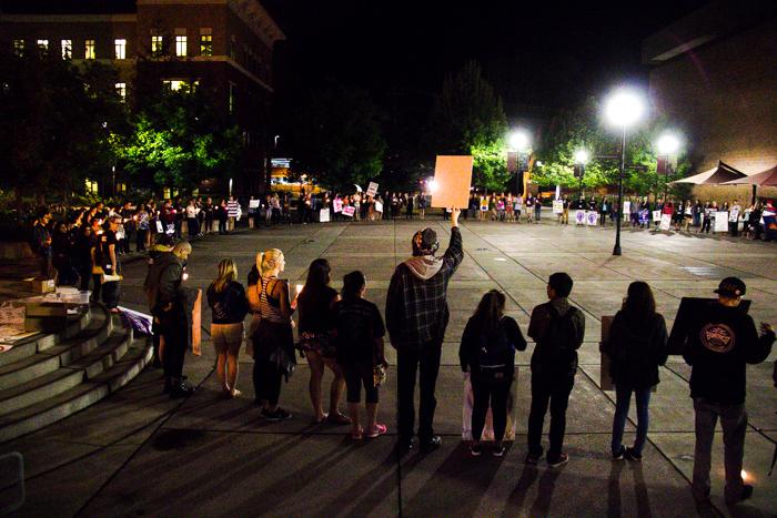 Over 300 participants gather at Chico State for Take Back the Nights march through downtown.
