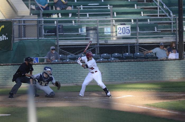 Junior infielder Andrew Carrillo bats against the the Cal State Monterey Bay Otters on March 27. Photo credit: Ryan Pressey