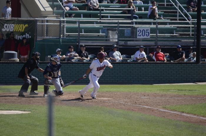 Senior third baseman Dylan Garcia hitting the ball against the Otters on March 27. Garcia was a perfect 4-for-4 against the Golden Eagles last Saturday. Photo credit: Ryan Pressey