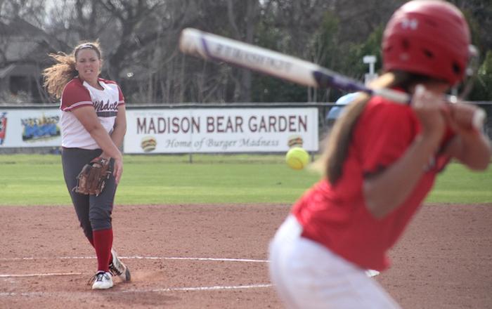 Freshman pitcher Haley Gilham launches the ball at the Chico State softball field in a game against University of Hawaii on Feb 12. Photo Courtesy: John Domogma