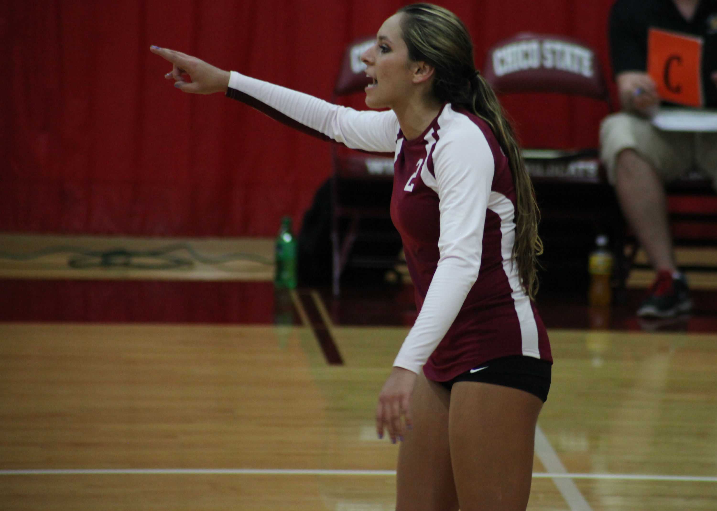 Olivia Mediano gets ready for a game against Cal State East Bay in Acker Gym on Tuesday. Photo credit: John Domogma