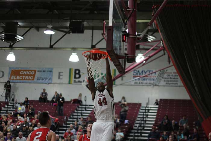 Sophomore Isaiah Ellis slams the ball during a game against Cal State East Bay in a game on Feb. 5. Photo credit: Jacob Auby