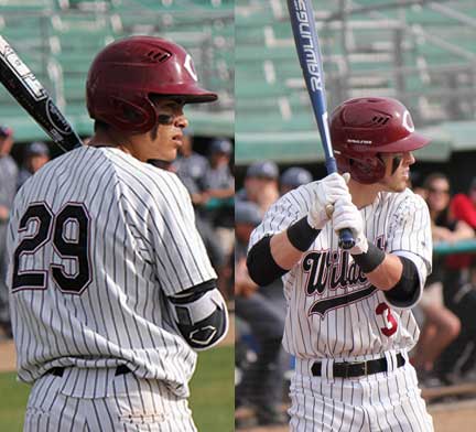 Junior Sonny Cortez (left) and sophomore Cameron Santos (right) look on before their at bats in a game against Academy of Art on Feb. 12. Photo credit: Lindsay Pincus