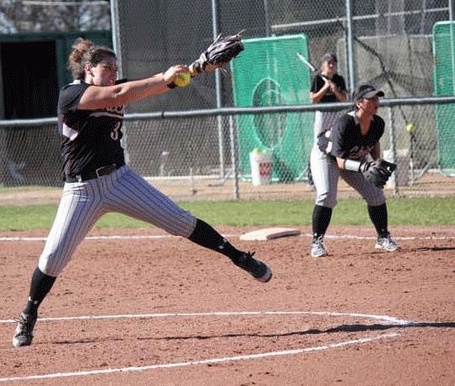 Sophomore Haley Gilham winds up to pitch during the Dominican University game on Feb. 7.