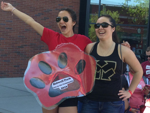 Nicole Beal, sophomore pre-nursing major, and Jenna Fletcher, junior health science administration major, are full of excitement as they prepare to head to Bidwell Park. Photo credit: Dominique Diaz