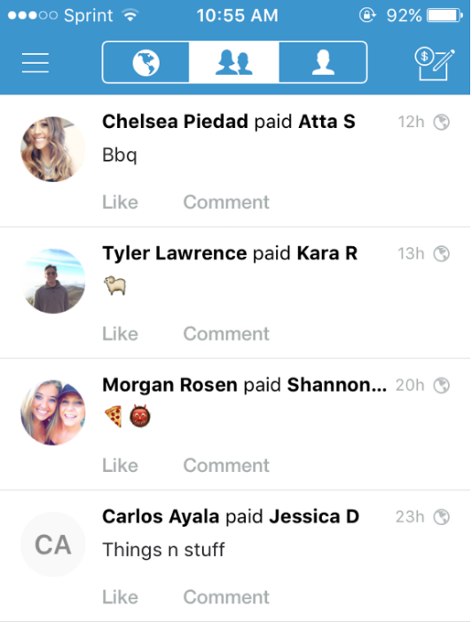 The homepage of Venmo resembles other social media platforms with information on what friends are paying for. Photo courtesy of Tiffany Perriera.