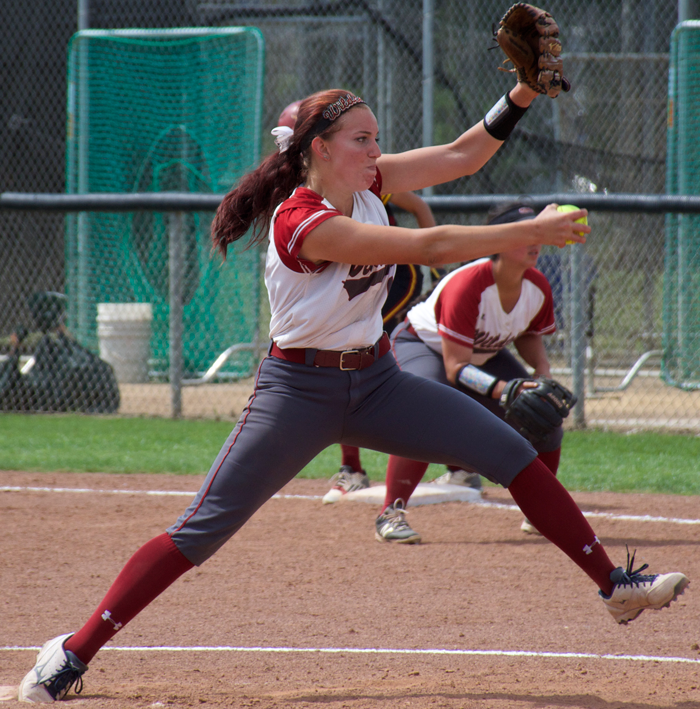 Senior pitcher Brooke Langeloh launches a pitch in a game against Cal State Dominguez Hills. Photo credit: Nick Martinez-Esquibel