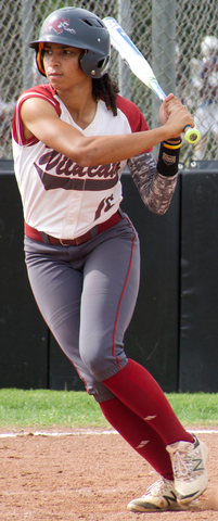 Junior Cailin Garmon leans toward first base during her at bat in a game against Cal State Dominguez Hills. Photo credit: Nick Martinez-Esquibel