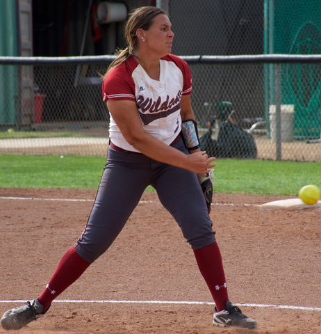 Sophomore Haley Gilham throws a pitch in a game against Cal State Dominguez Hills Photo credit: Nick Martinez-Esquibel