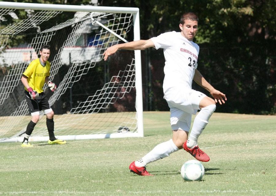 Chico State mens soccer shows off their skills dribbling the ball. Photo Credit the Orion