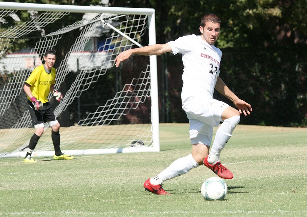 Chico State men's soccer shows off their skills dribbling the ball. Photo Credit the Orion