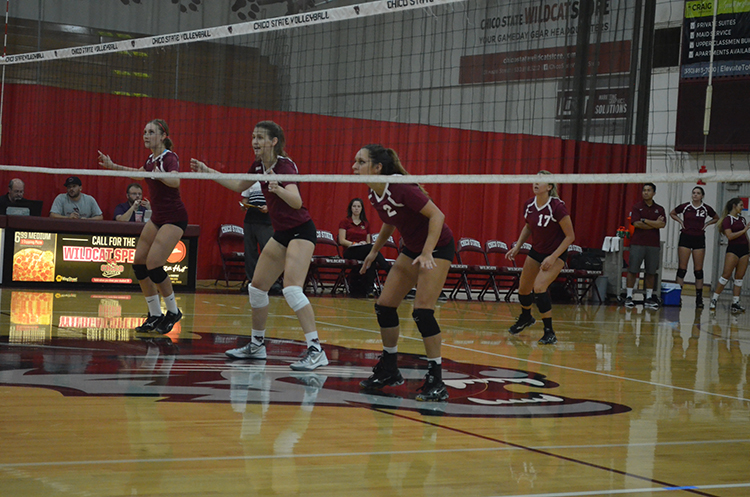 The Chico State womens volleyball team prepares for a serve during their home game. Photo credit: Jordan Jarrell