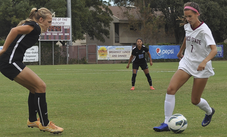 Sophomore defender Korie Bozart dribbles the ball during a Chico State home game. Photo credit: Makayla Hopkins