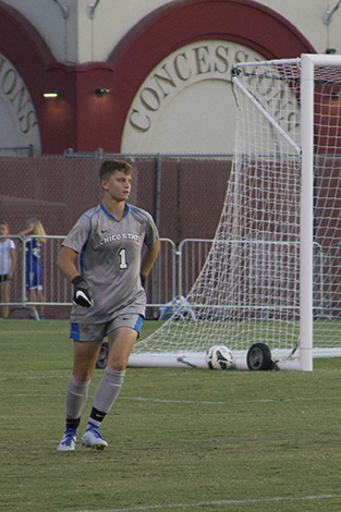 First-year goalkeeper Caitlyn Duval waits for the ball during a Chico State home game. Photo credit: Aubrie Coley