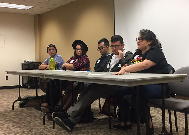 (right to left) Panelists Cass Hernandez, Aldo Cruz, Gerson Cortes, Rachel Biccum and Seve Christian discuss how they navigate the intersection of their Latinx and LGBTQ identities. Photo credit: Bianca Quilantan
