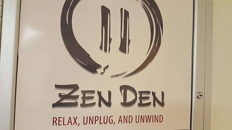 The sign outside of the new Zen Den located in the Bell Memorial Union. Photo credit: Lucas Moran