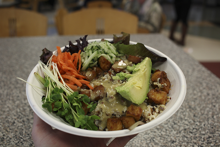 A vegetarian meal offered at the BMU featuring shredded carrots, cucumbers, daikon sprouts and avocado. Photo credit: Sophia Robledo-Borowy