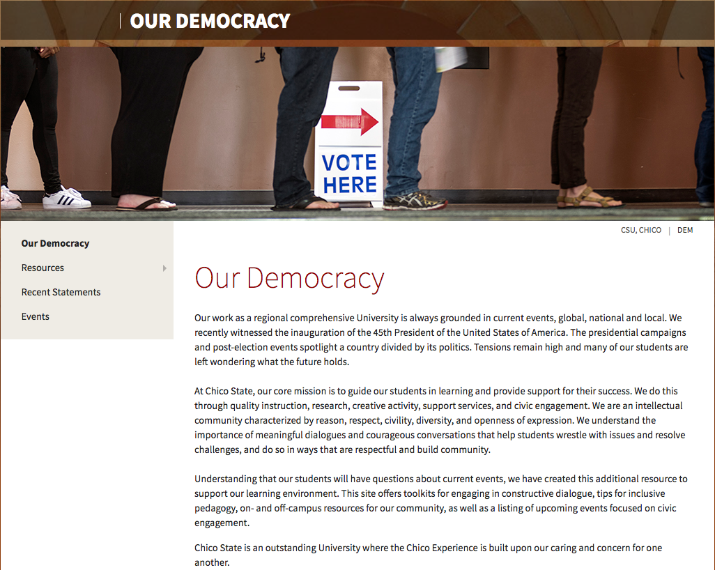 Our Democracy website's home page. Photo credit: Chico State's Our Democracy website.